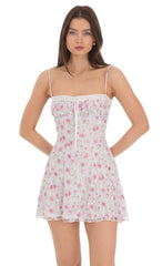 Lace Floral Front Tie Dress in White