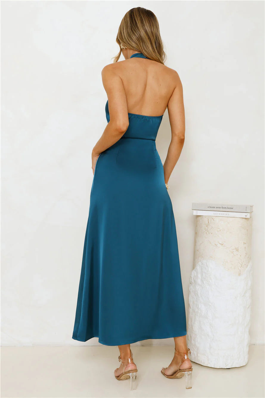 Night's Allure Satin Halter Maxi Dress Teal