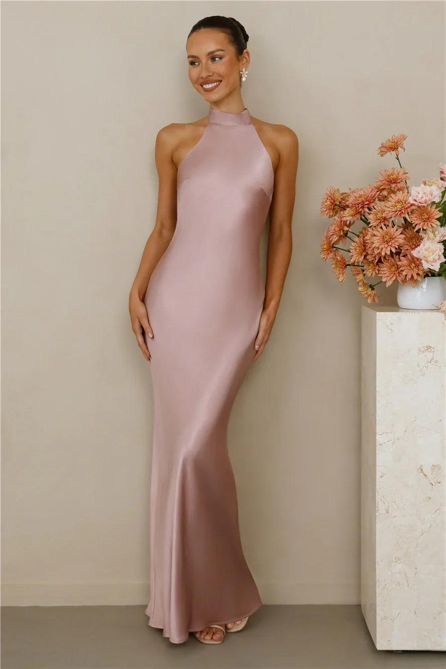 The Cleo Halter Satin Maxi Dress Dusty Pink