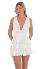Plunge Neck Ruffle Dress in White