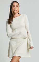Melissa Mini Dress - Flared Long Sleeve A Line Dress in Off White