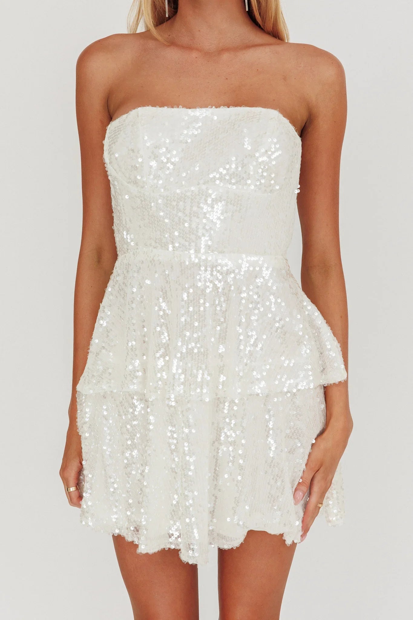 Provence Bloom Tiered Sequin Mini Dress White