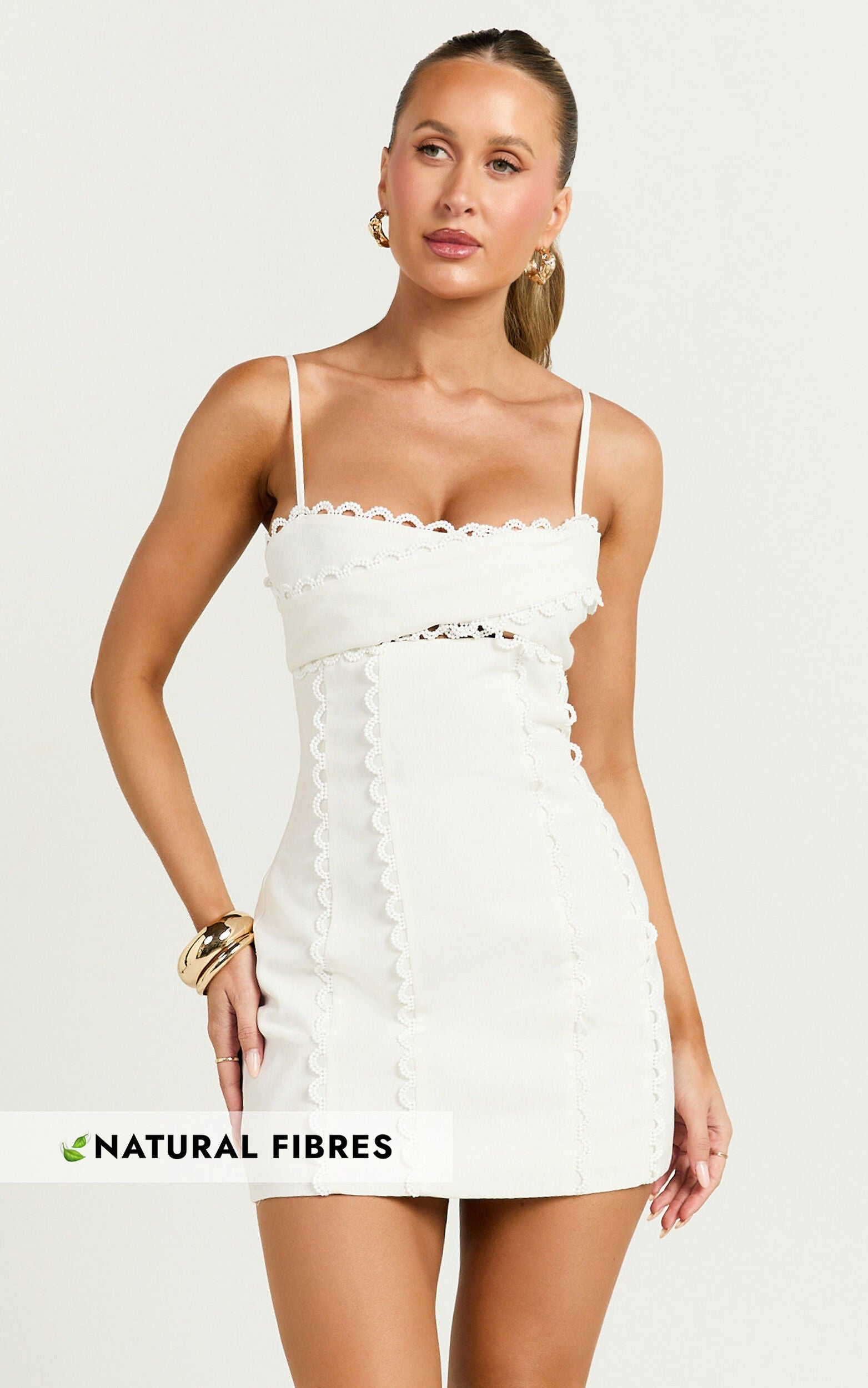 Gigi Mini Linen Blend Dress - Sweetheart Tie Back Scallop Detail Dress in Off White