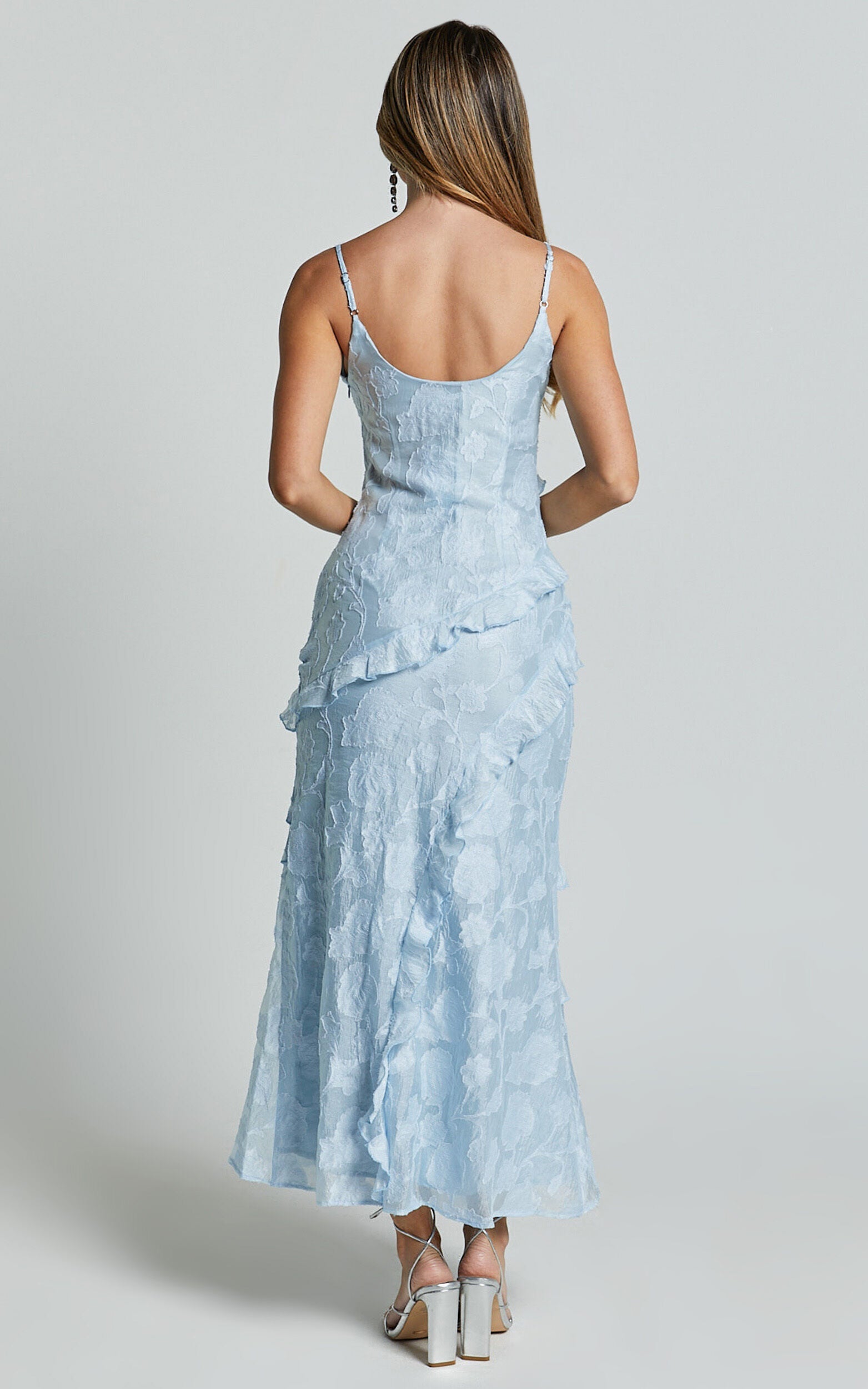 Michaela Midi Dress - Jacquard Ruffle Detail Tiered Dress in Light Blue
